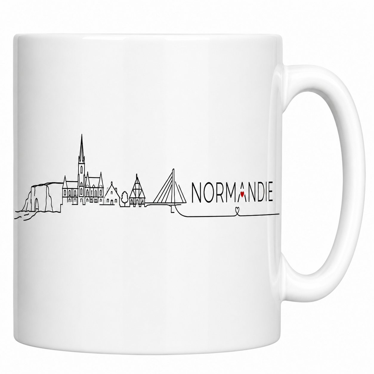 Mug Normandie skyline en céramique blanche, falaises d'Étretat et pont de Normandie au trait