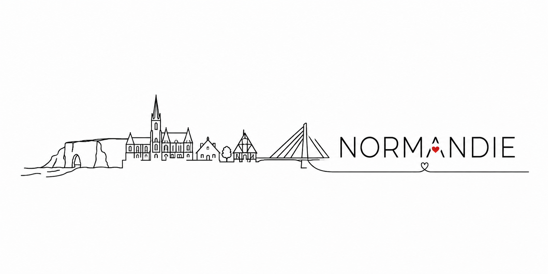Visuel Normandie au trait continu : Étretat, clochers, colombages, pont de Normandie et cœur rouge