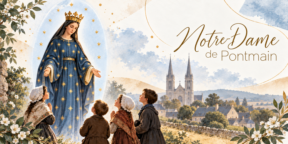 Visuel aquarellé de l'apparition de Notre-Dame de Pontmain, la Vierge debout dans une auréole claire, en robe bleu nuit constellée d'étoiles dorées, couronne d'or sur la tête et mains ouvertes, quatre enfants en vêtements sombres vus de dos levant les yeux vers elle, la basilique à deux flèches et les maisons du village en contrebas, les prés et les collines de Mayenne à l'horizon, des fleurs blanches et des feuillages en bordure et le titre Notre-Dame de Pontmain en lettres dorées