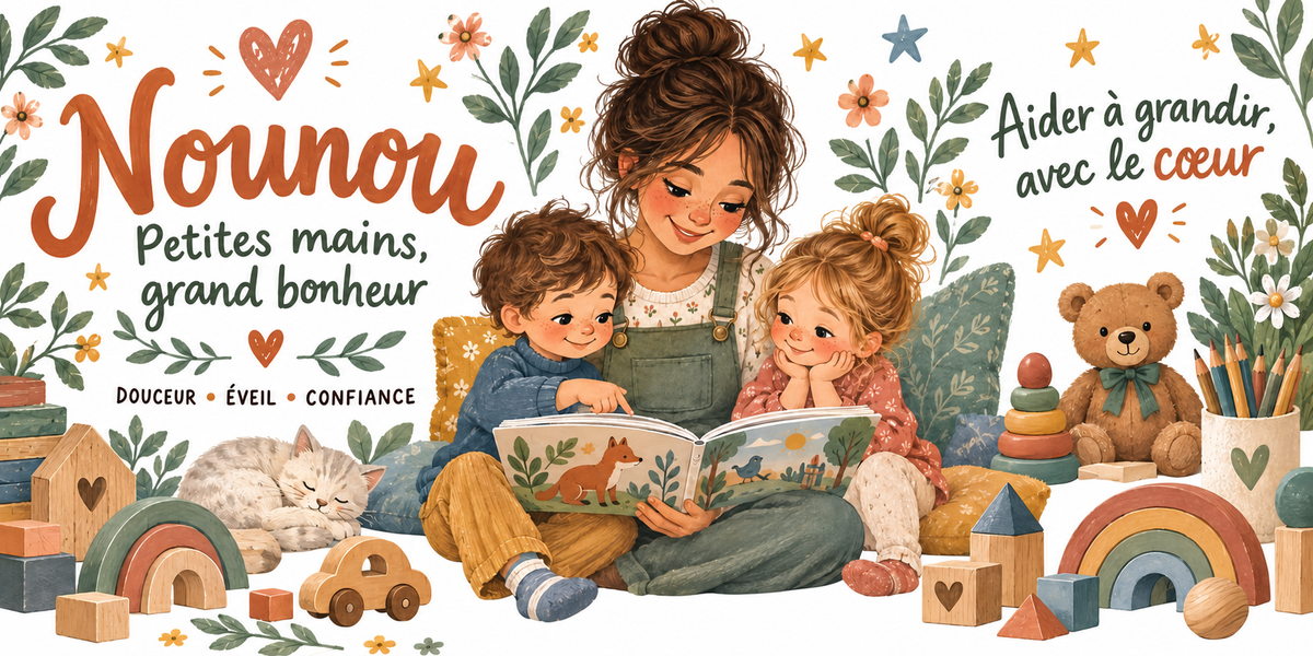 Visuel « Nounou, aider à grandir avec le cœur » : nounou lisant un livre à deux enfants, chat endormi, cubes et arc-en-ciel en bois, douceur éveil confiance