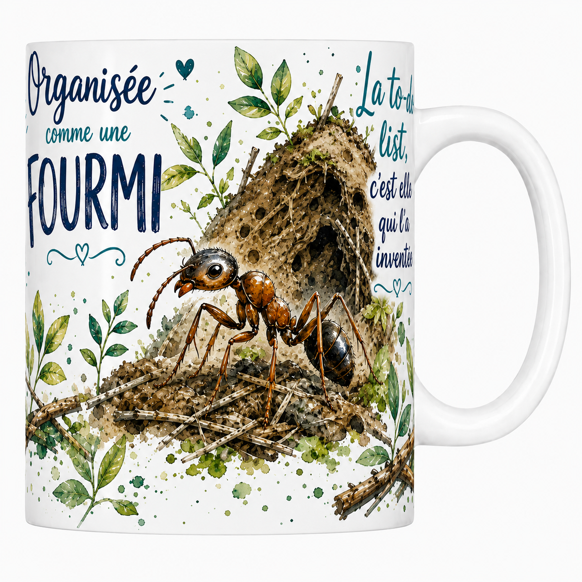 Mug céramique blanc « Organisée comme une fourmi », fourmi rousse et fourmilière à l'aquarelle