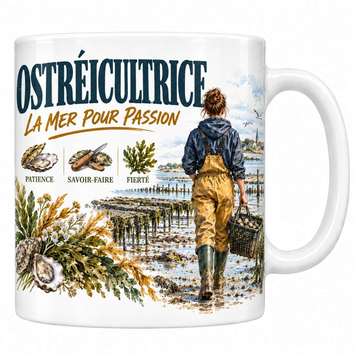 Mug ostréicultrice en céramique blanche 330 ml, aquarelle champêtre, le mot OSTRÉICULTRICE en grand et la mention manuscrite La Mer pour Passion, une ostréicultrice en ciré vue de dos dans son parc à huîtres, trois valeurs patience, savoir-faire, fierté