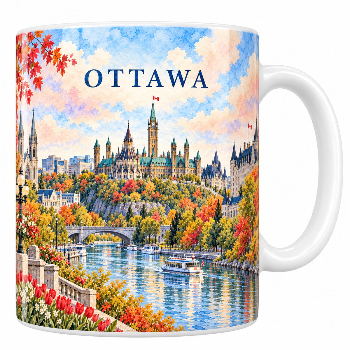 Mug blanc Ottawa aquarelle avec la colline du Parlement, le Château Laurier et des tulipes