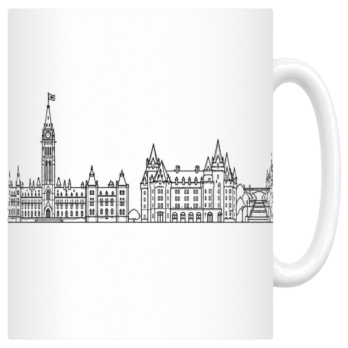 Mug blanc en céramique 330 ml illustré du skyline d'Ottawa au trait noir : le parlement néogothique et sa tour de la Paix, le château à tourelles et les écluses du canal