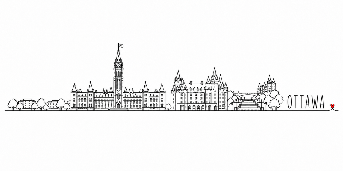 Skyline d'Ottawa dessiné au trait noir continu, de gauche à droite : les maisons et les arbres, le parlement néogothique et sa tour de la Paix surmontée d'un drapeau, le château à toits pentus et tourelles, les écluses du canal en escalier et les arbres — avec le nom OTTAWA en capitales espacées et un petit cœur rouge