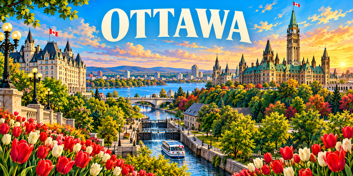 Illustration affiche vintage Ottawa : Parlement néo-gothique et tour de la Paix, Château Laurier, écluses du canal Rideau, bateau et tulipes