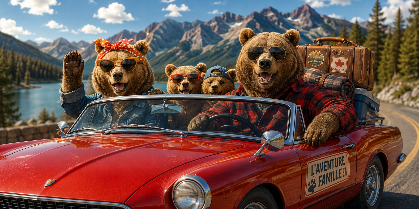 Visuel ours road trip : papa au volant du cabriolet rouge, maman bandana au vent, lac et montagnes