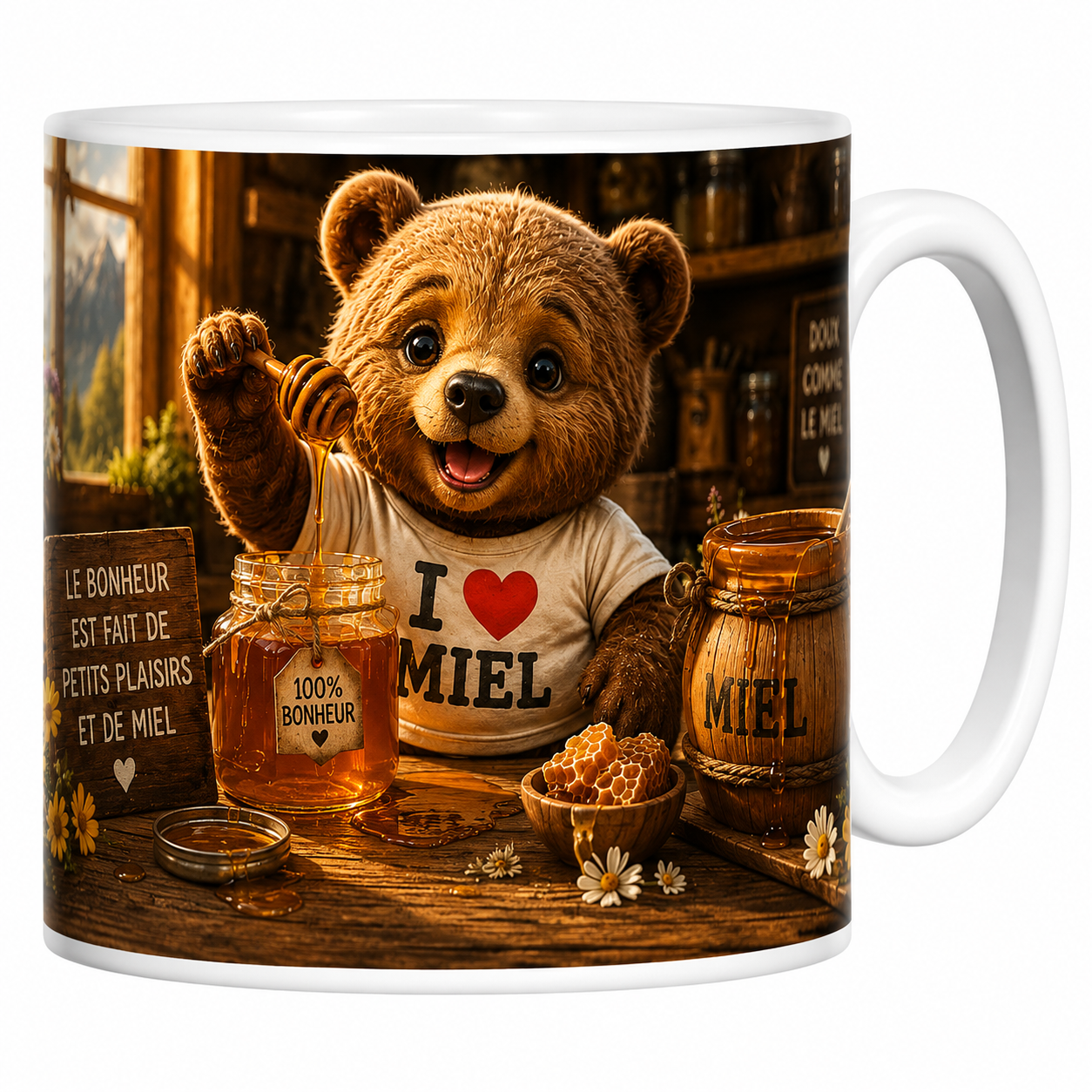 Mug ourson I Love Miel en céramique blanche, ourson au pot de miel, cœur doré et abeilles