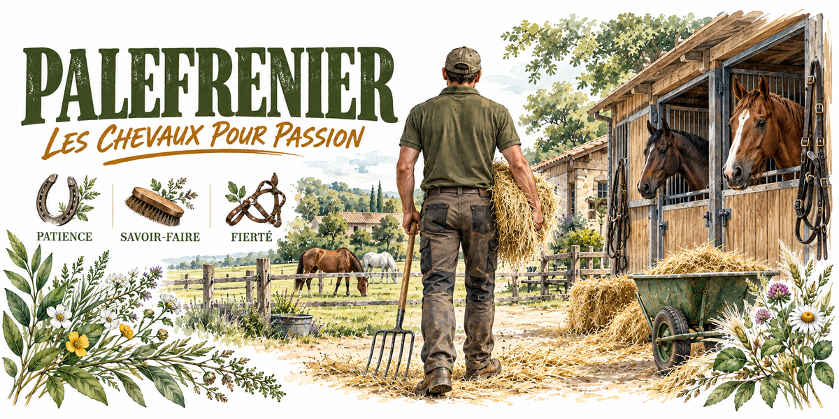 Aquarelle palefrenier : le mot PALEFRENIER en capitales vert foncé et la mention manuscrite Les Chevaux pour Passion, un palefrenier en polo vert et casquette vu de dos, botte de foin dans les bras et fourche à la main, écurie de bois avec deux chevaux à la porte de leurs boxes, paddock et chevaux au pré, brouette verte pleine de paille, trois vignettes — fer à cheval patience, étrille savoir-faire, licol fierté — et une bordure de marguerites et de boutons d'or