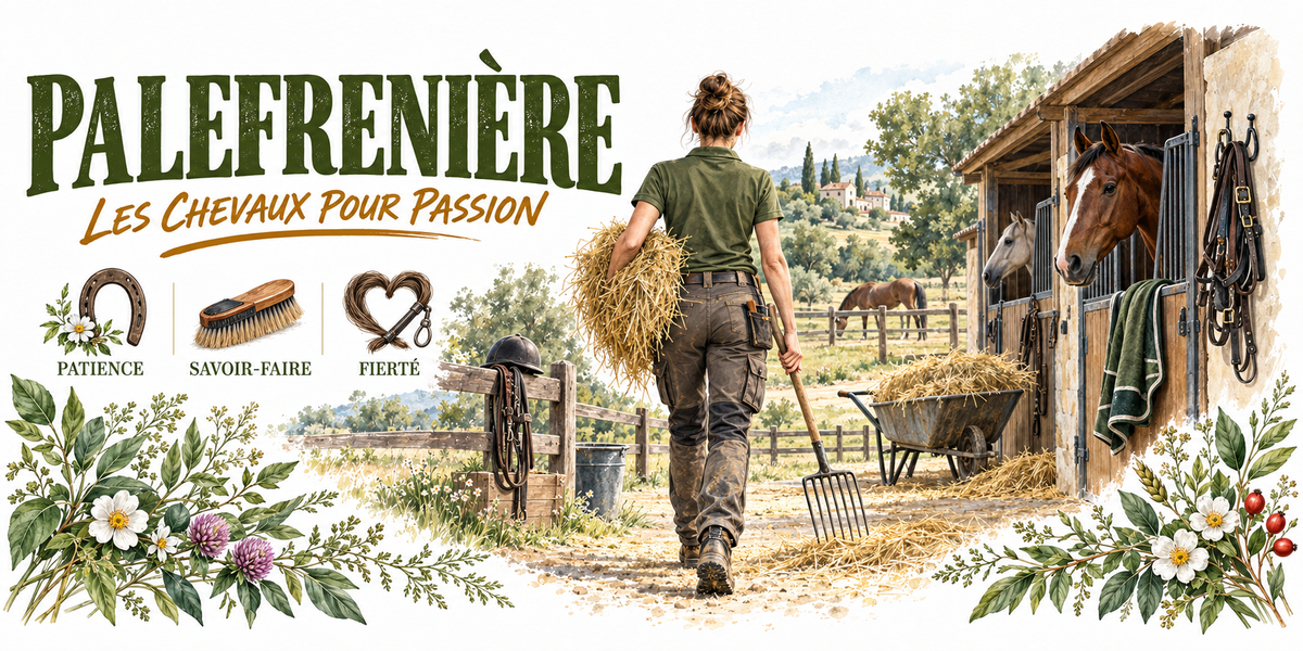 Aquarelle palefrenière : le mot PALEFRENIÈRE en capitales vert foncé et la mention manuscrite Les Chevaux pour Passion, une palefrenière en polo vert et chignon vue de dos, botte de foin dans les bras et fourche à la main, écurie de bois avec chevaux aux boxes et couverture sur la porte, brouette et seaux, licols suspendus, paddock et collines au loin, trois vignettes — fer à cheval patience, brosse savoir-faire, licol fierté