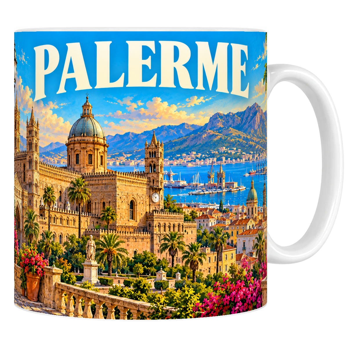 Mug en céramique blanche 330 ml illustré de la cathédrale de Palerme, du port et du mont Pellegrino, style affiche vintage