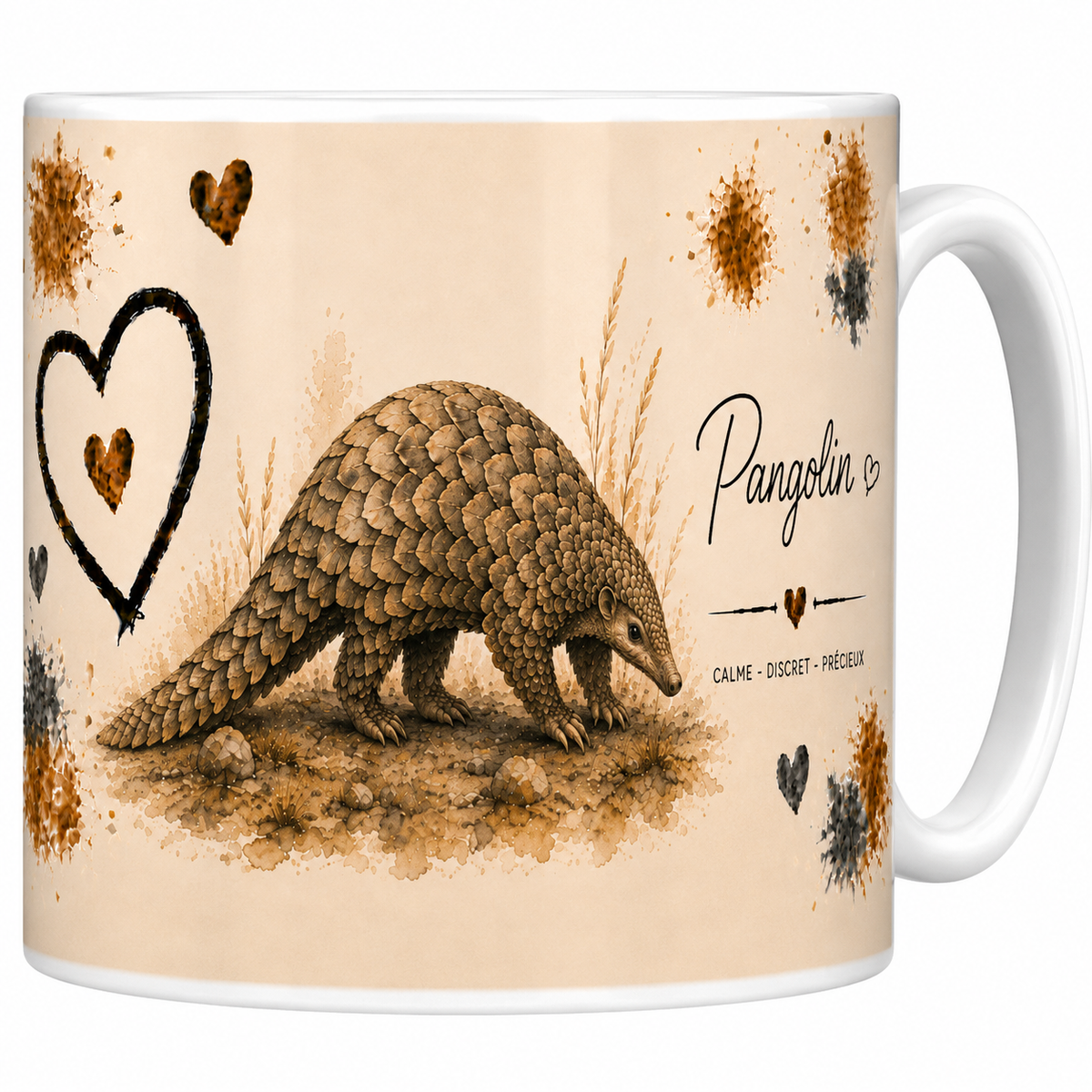 Mug céramique blanc Pangolin « Calme, discret, précieux » : pangolin aux écailles dorées, grand cœur