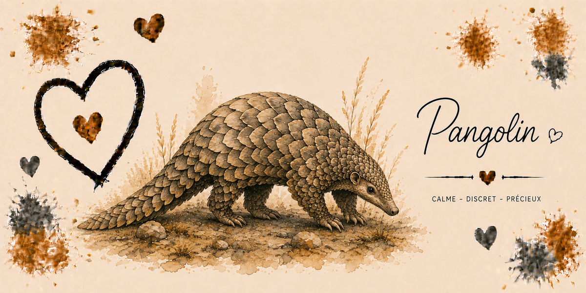 Design du mug Pangolin : pangolin aux écailles ciselées, gravure sépia, cœur noir esquissé et éclats dorés