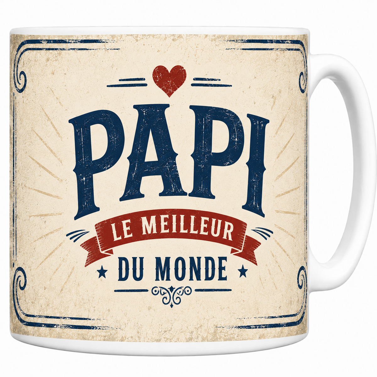 Mug céramique 330 ml « Papi, le meilleur du monde » : lettrage vintage bleu marine et cœur rouge
