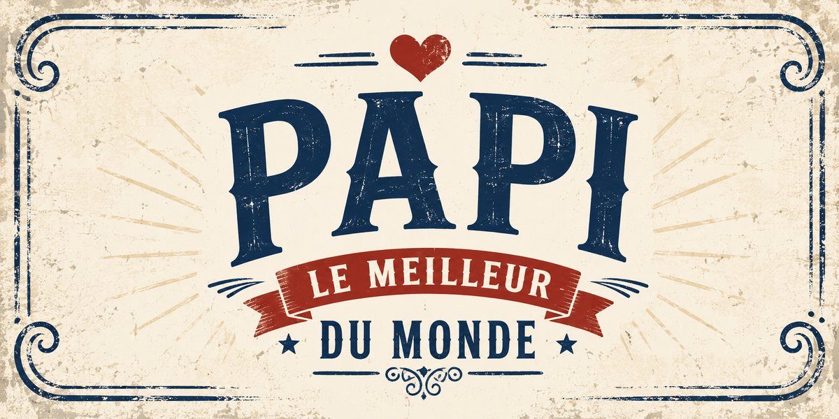 Visuel « Papi, le meilleur du monde » : typographie rétro bleu marine, ruban rouge et cadre orné