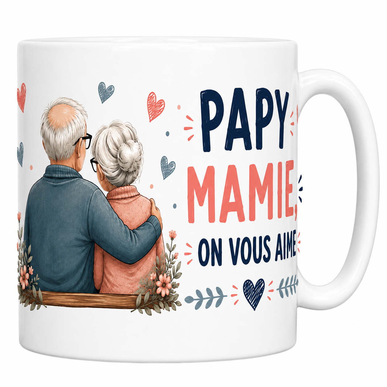 Mug Papy Mamie on vous aime en céramique blanche, grands-parents enlacés sur leur banc fleuri