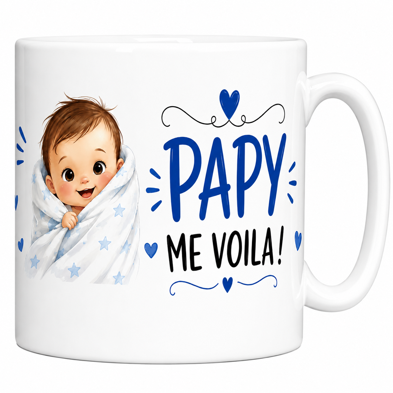 Mug Papy me voilà en céramique blanche, bébé souriant emmailloté et lettrage bleu