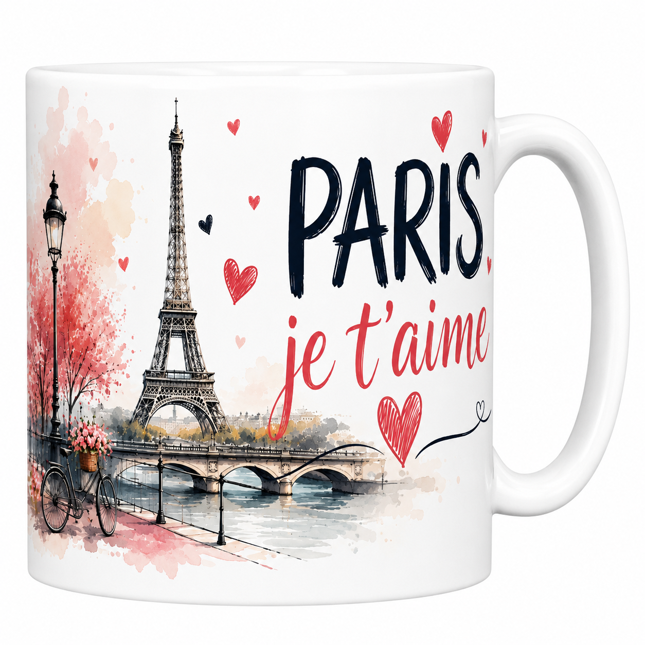 Mug Paris je t'aime en céramique blanche, Tour Eiffel aquarelle, vélo fleuri et cerisiers roses