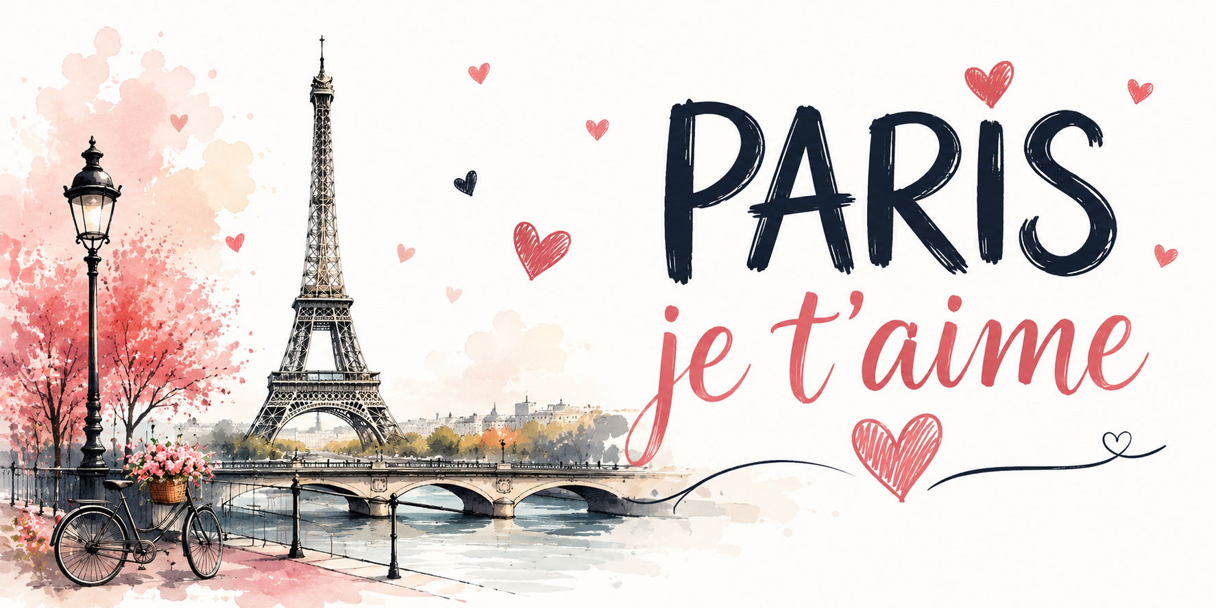 Visuel Paris je t'aime : Tour Eiffel aquarelle, lampadaire, vélo à panier fleuri et petits cœurs