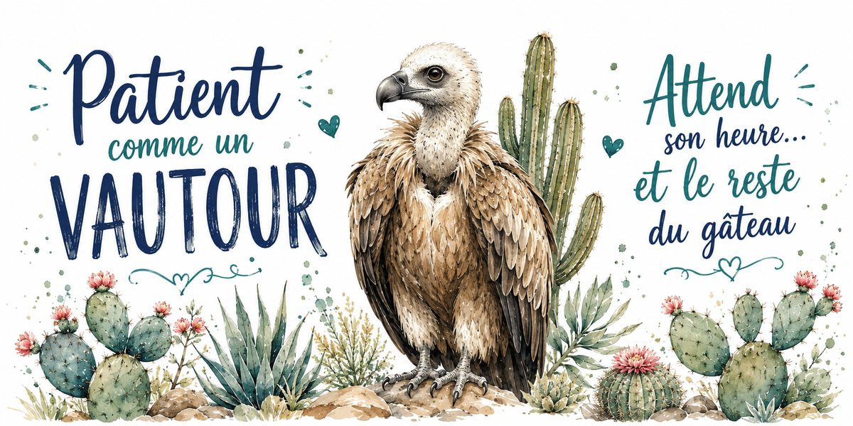 Vautour fauve parmi les cactus à l'aquarelle : « Patient. Attend son heure et le reste du gâteau »