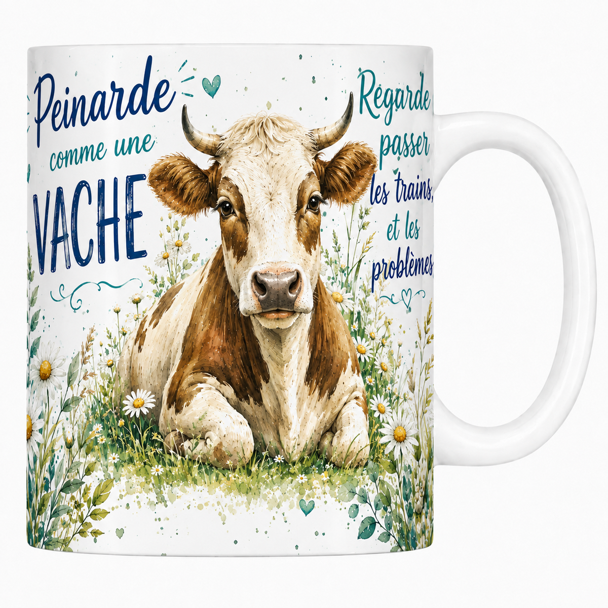 Mug céramique blanc « Peinarde comme une vache », vache couchée et marguerites à l'aquarelle
