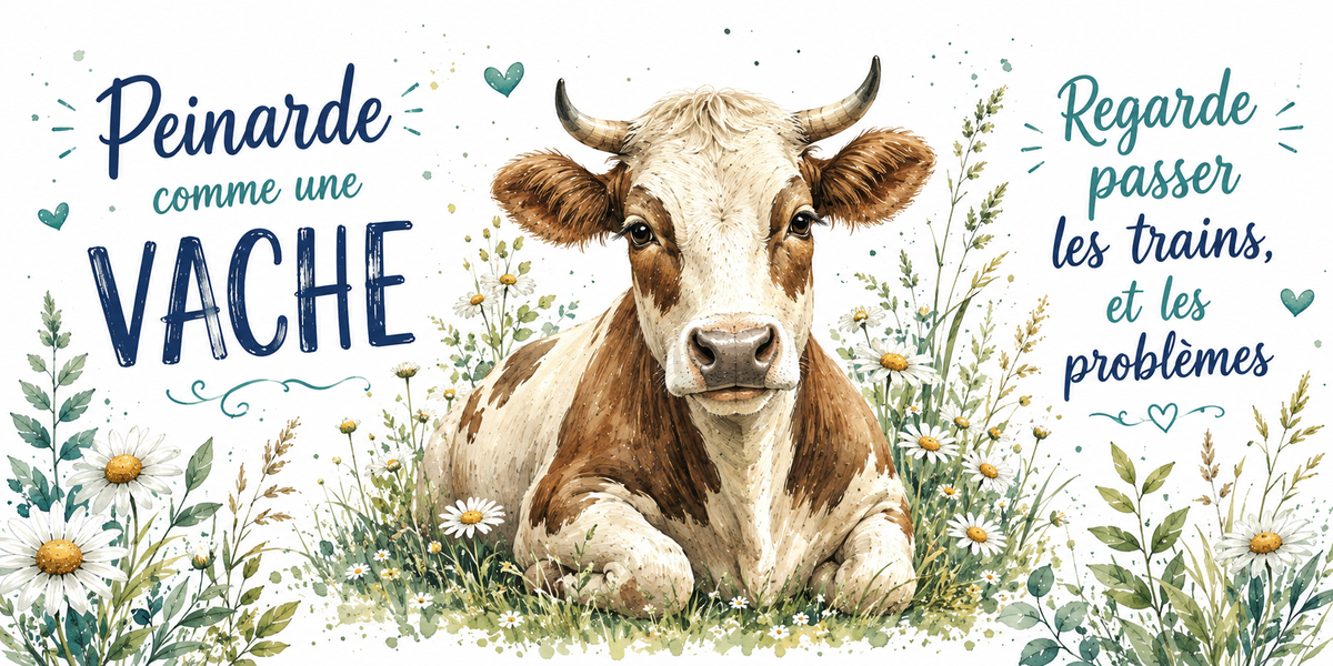 Vache couchée dans l'herbe à l'aquarelle : « Peinarde comme une vache. Regarde passer les problèmes »