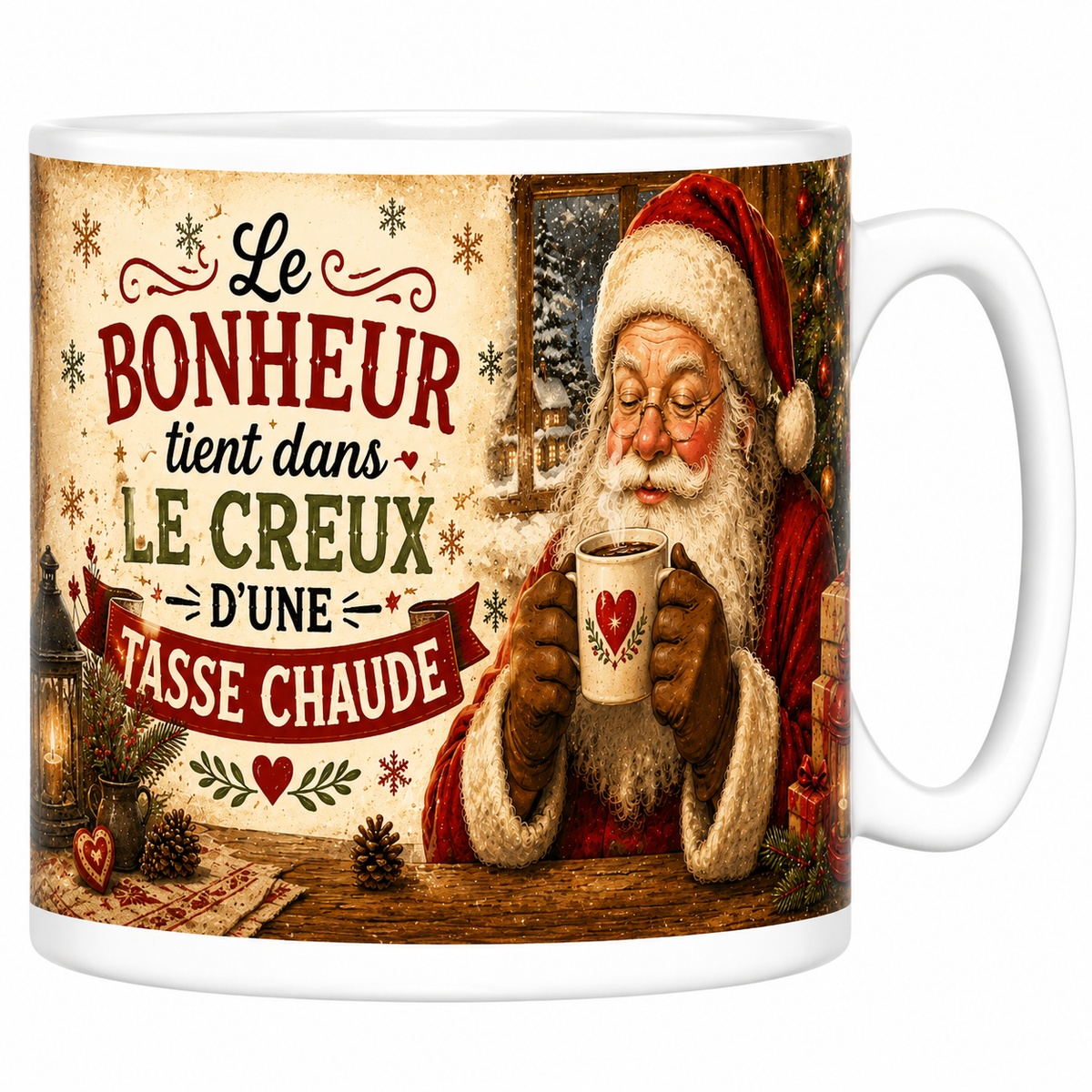 Mug céramique blanc Père Noël vintage « Le bonheur tient dans le creux d'une tasse chaude »