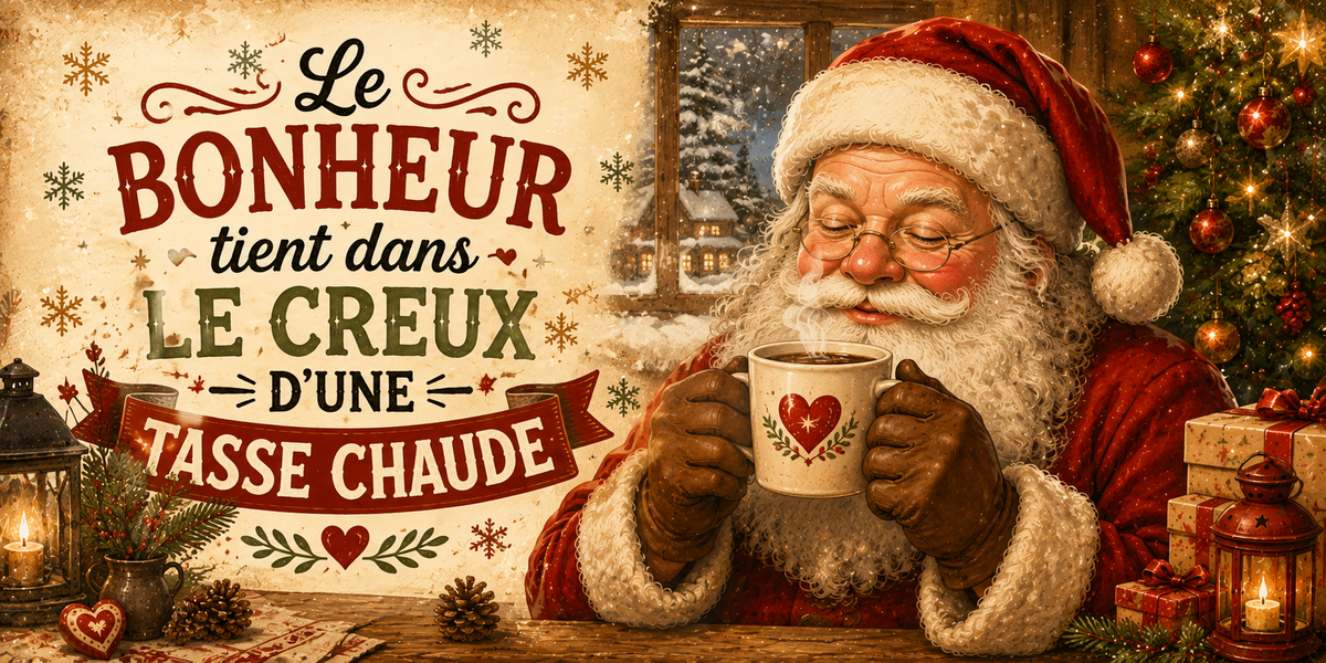 Design du mug Père Noël Bonheur : Père Noël savourant sa tasse au cœur rouge, sapin et lanternes vintage