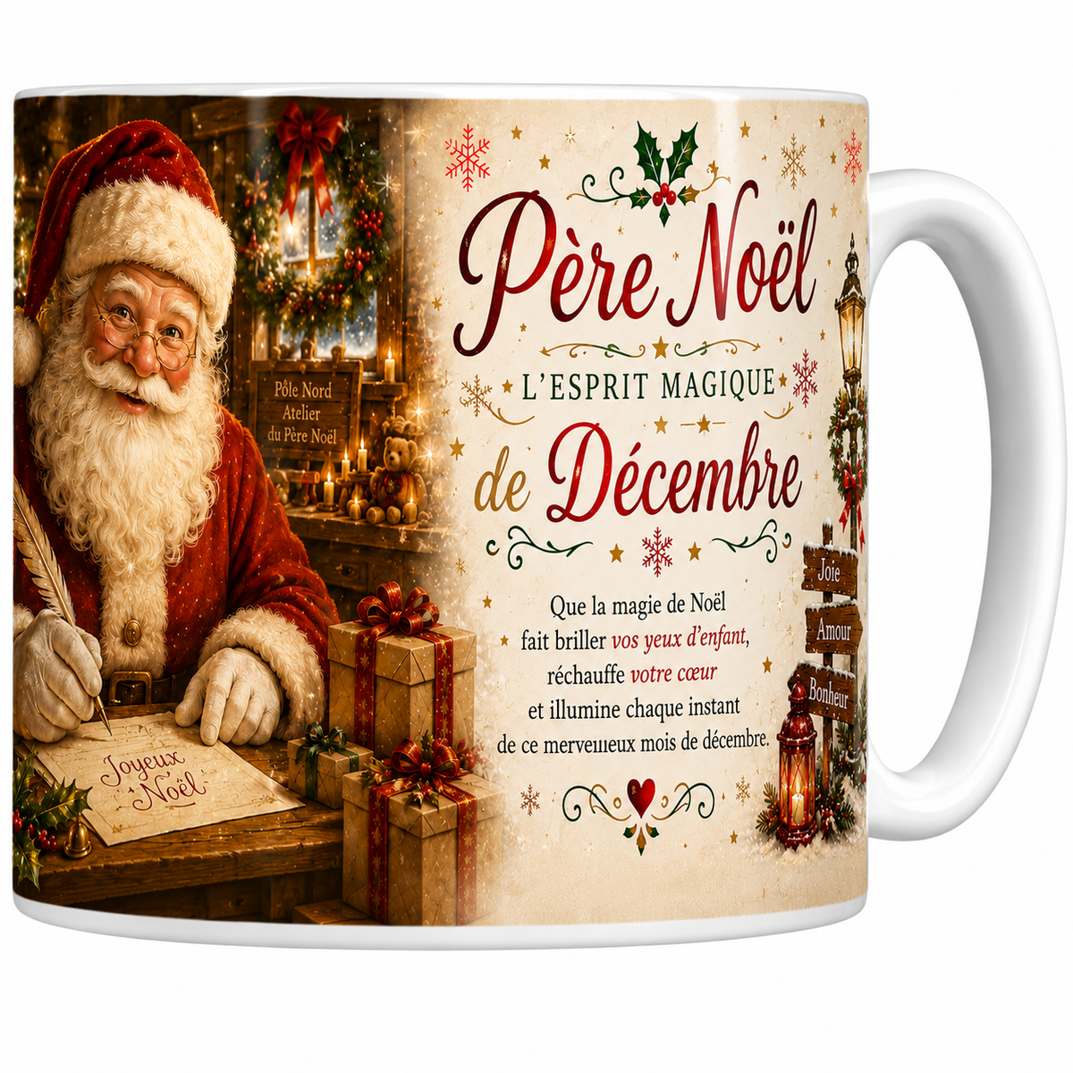 Mug céramique blanc Père Noël « L'esprit magique de décembre » : Père Noël écrivant à la plume