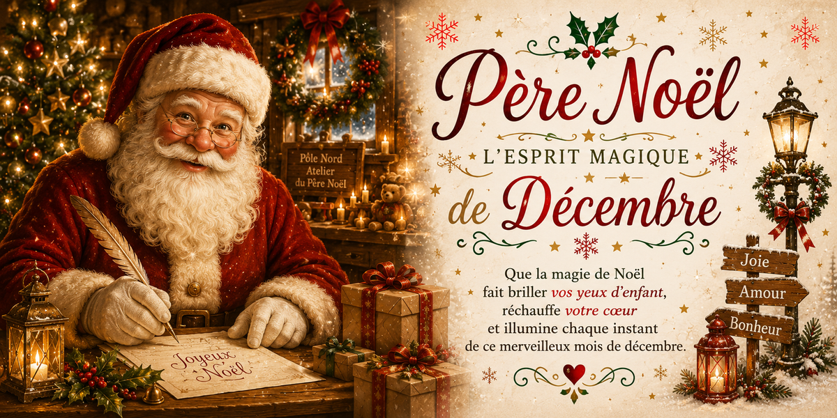 Design du mug Père Noël : lettre Joyeux Noël, lanterne et panneaux Joie, Amour, Bonheur