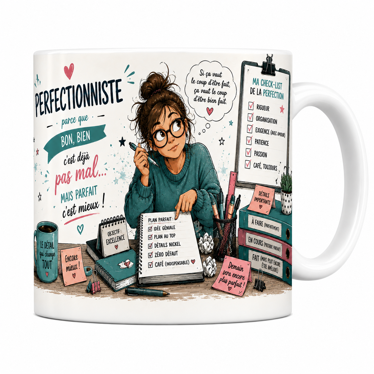 Mug perfectionniste 330 ml, jeune femme à lunettes et sa check-list de la perfection