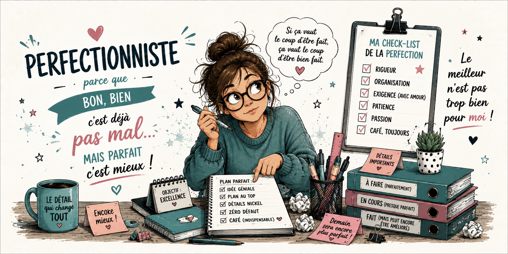 Visuel perfectionniste : check-list rigueur, organisation, exigence, patience et café toujours