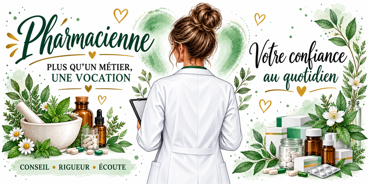 Visuel « Pharmacienne, votre confiance au quotidien » : pharmacienne de dos en blouse blanche avec tablette, mortier et pilon, flacons ambrés et plantes médicinales