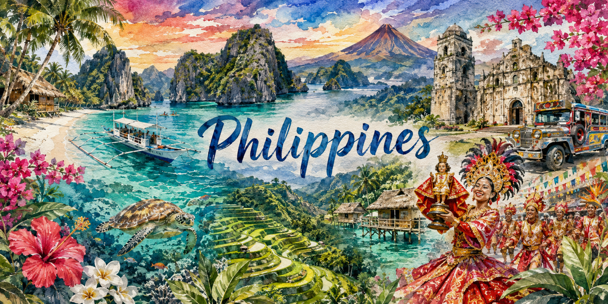 Visuel Philippines aquarelle : karsts de Palawan, volcan Mayon, jeepney et rizières