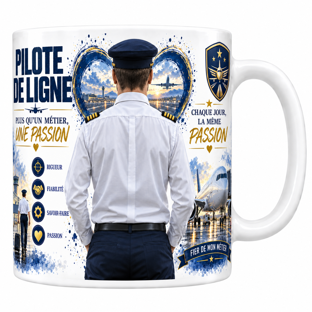 Mug pilote de ligne en céramique blanche 330 ml, affiche PILOTE DE LIGNE en grand, un commandant de bord en chemise blanche et casquette vu de dos, blason bleu et or à l'avion, quatre valeurs rigueur, fiabilité, savoir-faire, passion