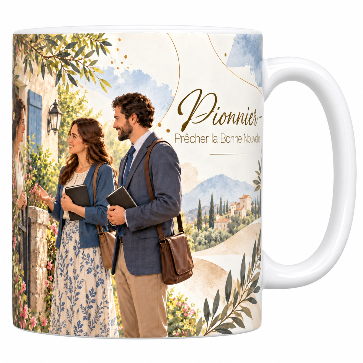 Mug céramique blanche 330 ml illustré du service de pionnier à l'aquarelle, un couple en tenue soignée et sacoche de cuir, chacun un livre à la main, en conversation avec une femme à son portail, la maison de pierre aux volets bleus et le titre Pionnier - Prêcher la Bonne Nouvelle en lettres dorées