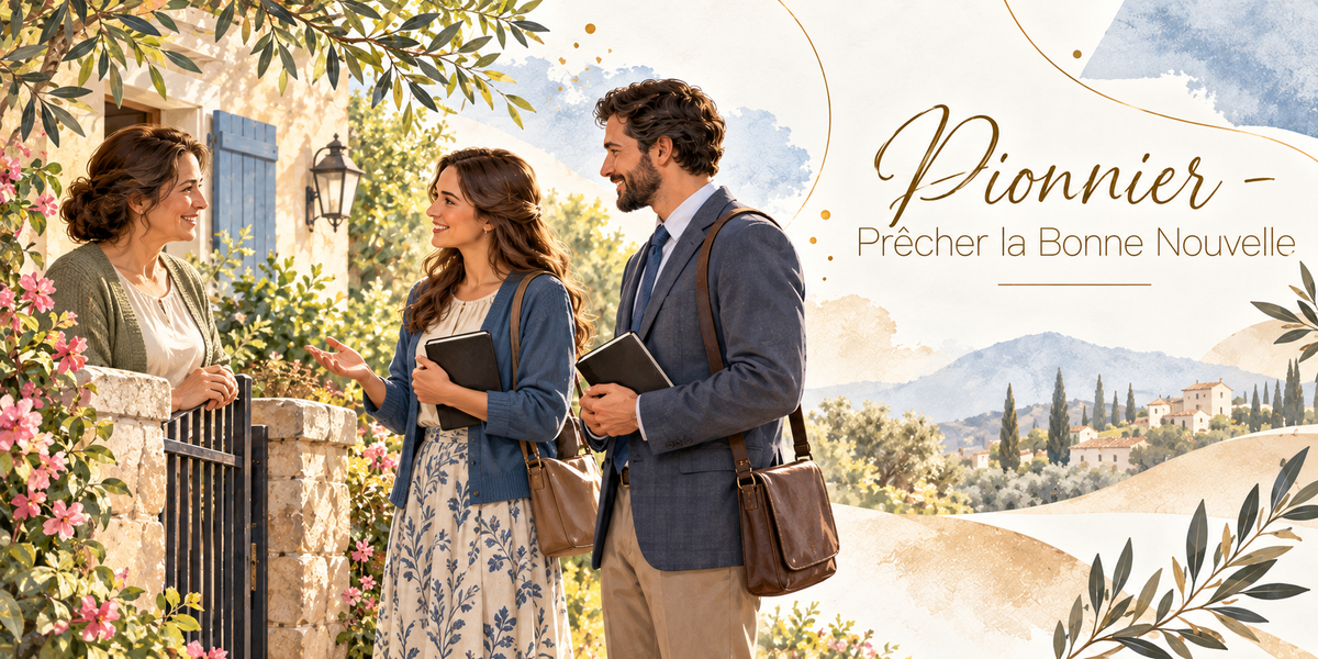 Visuel aquarellé du service de pionnier, une femme en robe fleurie bleue et un homme en veste et cravate, sacoche de cuir en bandoulière et un livre à la main, souriants, en conversation avec une femme accoudée à son portail de fer, une maison de pierre claire aux volets bleus et sa lanterne, des bougainvilliers roses, les collines, les oliviers et un village au loin, des feuillages en bordure et le titre Pionnier - Prêcher la Bonne Nouvelle en lettres dorées