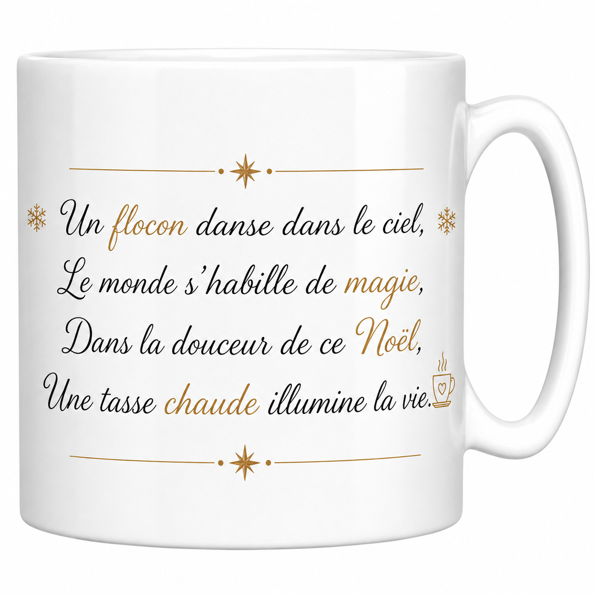 Mug céramique blanc avec poème de Noël calligraphié noir et or « Un flocon danse dans le ciel » et flocons