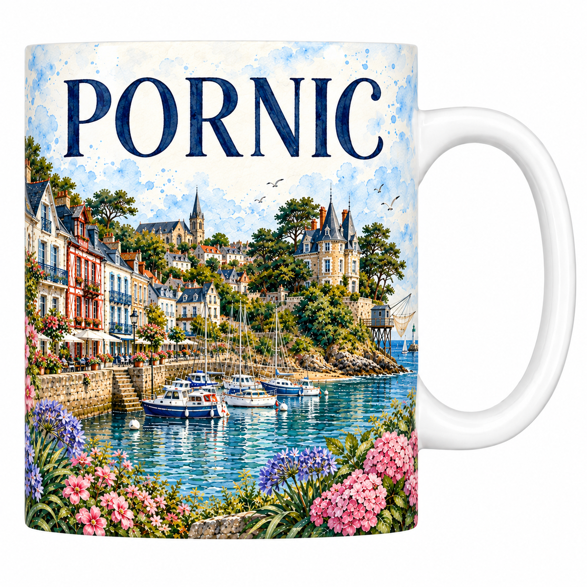 Mug céramique 330 ml Pornic : le port et les villas en aquarelle