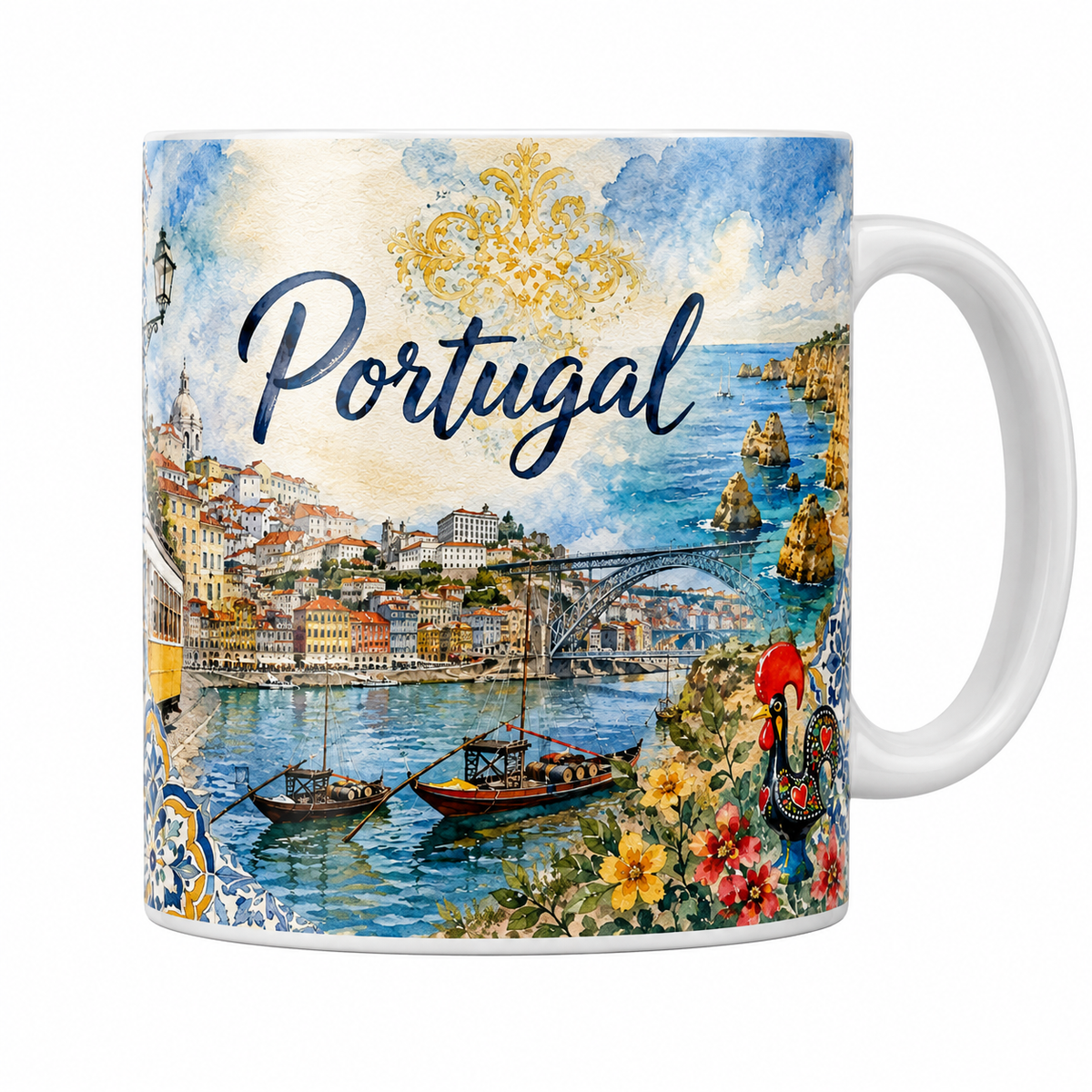 Mug céramique 330 ml Portugal aquarelle : tramway jaune de Lisbonne, Porto et falaises de l'Algarve