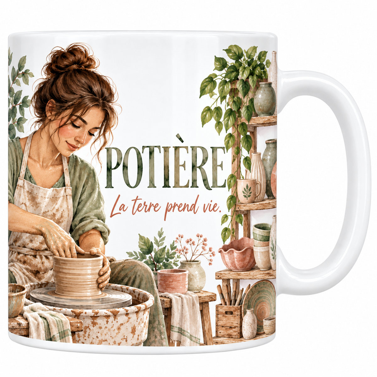 Mug potière en céramique blanche 330 ml, le mot POTIÈRE en capitales vert sauge aquarellées, la devise manuscrite La terre prend vie, une potière en tablier taché tournant un bol au tour, une étagère chargée de vases et de bols en vert sauge et terracotta, des plantes