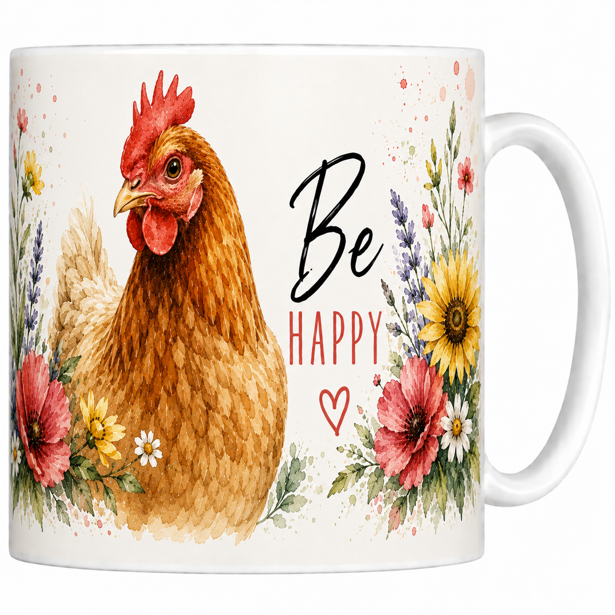 Mug céramique 330 ml poule Be Happy : poule rousse à crête écarlate parmi les fleurs des champs
