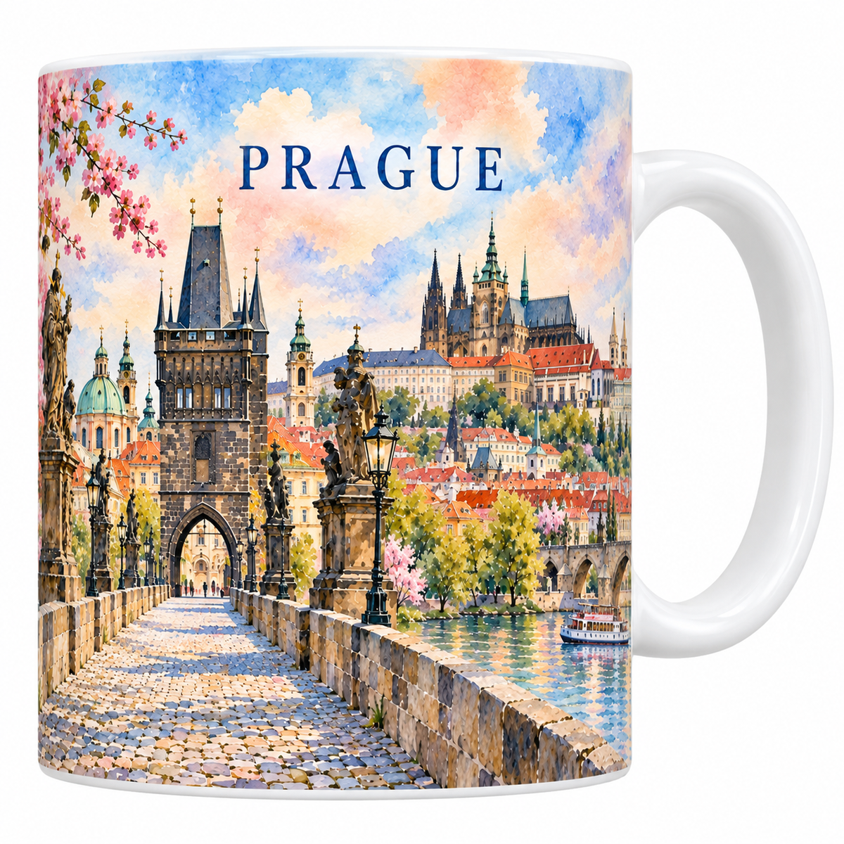 Mug blanc Prague aquarelle : le pont Charles et ses statues baroques, la tour gothique, les toits rouges et le château.