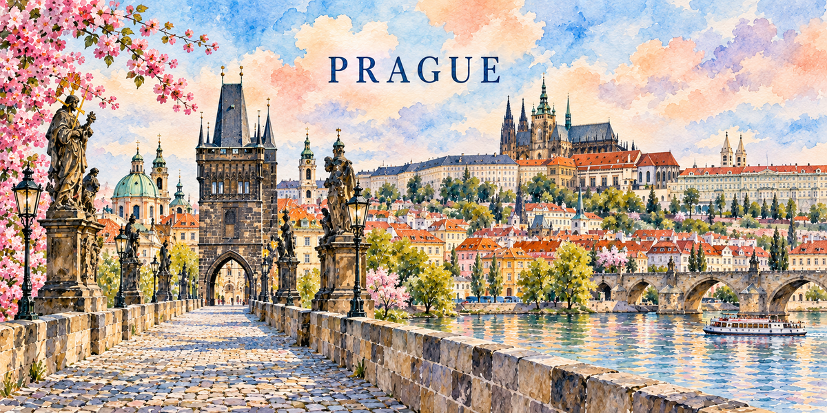 Illustration aquarelle de Prague : le pont Charles et ses statues baroques, la tour gothique du pont, les cerisiers en fleurs, la Vltava, les toits de tuiles rouges de Malá Strana, le château et la cathédrale Saint-Guy.