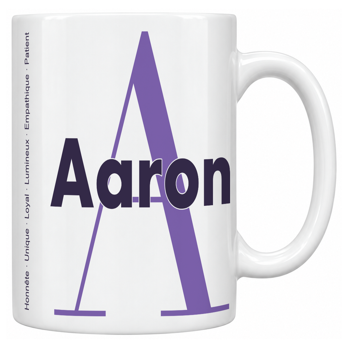 Mug blanc céramique 330 ml prénom Aaron : grande initiale A, prénom Aaron en lettres bold et six qualités verticales sur le côté