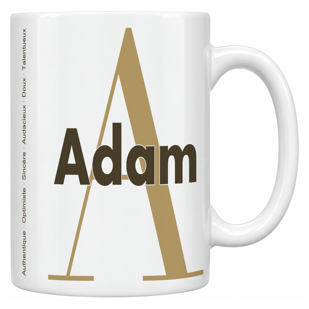 Mug blanc céramique 330 ml prénom Adam : grande initiale A, prénom Adam en lettres bold et six qualités verticales sur le côté
