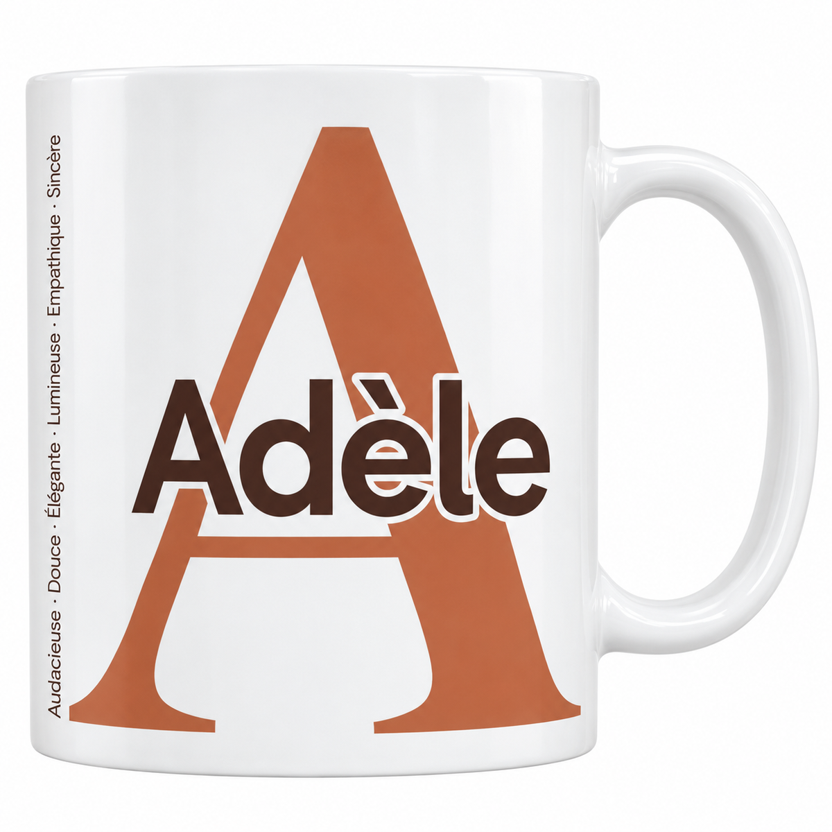 Mug blanc céramique 330 ml prénom Adèle : grande initiale A, prénom Adèle en lettres bold et six qualités verticales sur le côté