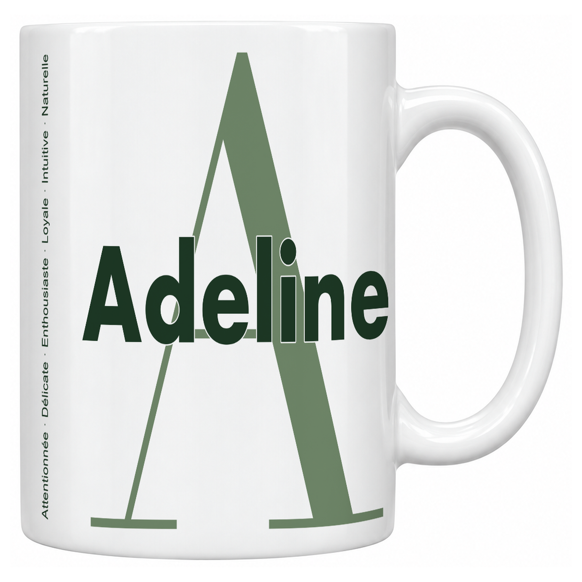 Mug blanc céramique 330 ml prénom Adeline : grande initiale A, prénom Adeline en lettres bold et six qualités verticales sur le côté