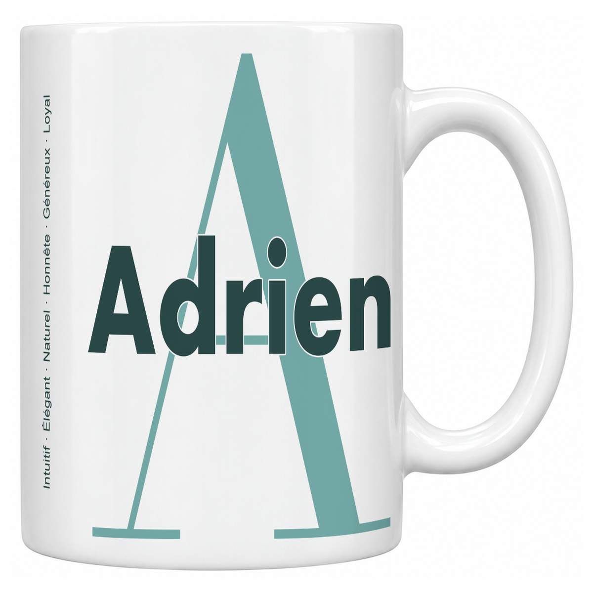 Mug blanc céramique 330 ml prénom Adrien : grande initiale A, prénom Adrien en lettres bold et six qualités verticales sur le côté