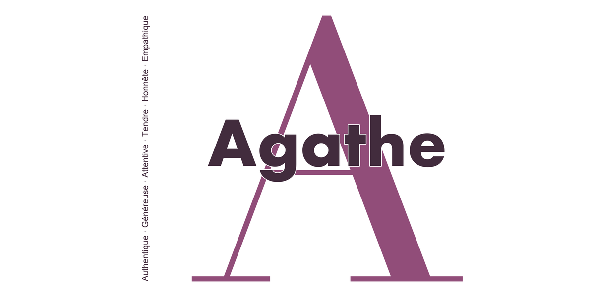 Visuel à plat du mug prénom Agathe : initiale A pleine hauteur, prénom Agathe centré et ligne verticale « Authentique · Généreuse · Attentive · Tendre · Honnête · Empathique »